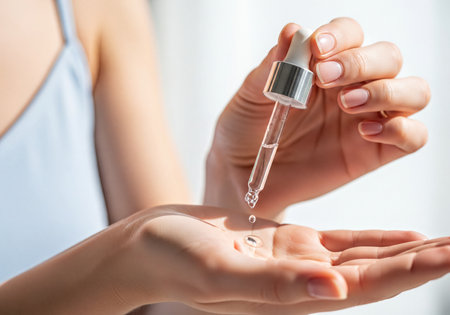 Woman applies beauty serum with a glass dropper, a clear drop falling onto her open palm. Concept of natural skincare, cosmetic care, and healthy beauty routine.の素材