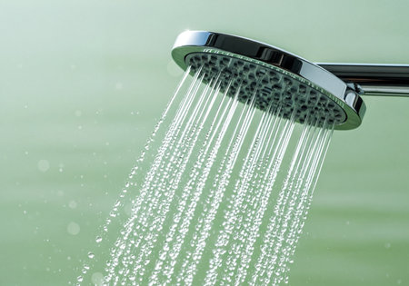 Modern chrome shower head actively spraying refreshing water streams and countless sparkling droplets against a soft green background. Symbolizing cleanliness, hygiene, and daily refreshment.の素材