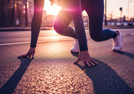 Female athlete positioned for a sprint on an asphalt road at sunset, hands on the ground, ready to run. Represents concepts of determination, ambition, and a new beginning.の素材