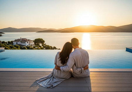 Romantic couple embracing by an infinity pool, watching the golden sunset over the calm sea and distant mountains. Luxury villa in background, showcasing peace and togetherness.の素材