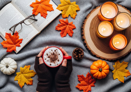 Flat lay of hands in fingerless gloves holding a red mug of hot coffee, surrounded by an open book, reading glasses, decorative autumn leaves, pumpkins, and lit candles on a grey knit blanket.の素材