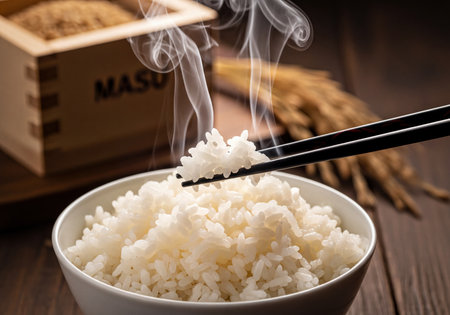 Freshly cooked white rice steaming in a ceramic bowl, with chopsticks lifting a portion. Traditional wooden Masu box with grain and dried rice ears are visible in the background on a rustic wooden table.の素材