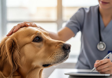 Golden Retriever dog receiving gentle petting from a female vet in blue scrubs during a medical examination, with a tablet and pen on the table.の素材