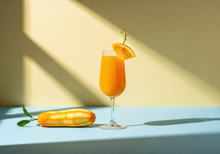 Tall glass of bright orange juice, garnished with a citrus slice and a green tendril. Next to it, an elongated, striped orange with green leaves. Modern still life with strong light and shadow accents on a bicolor background.の素材