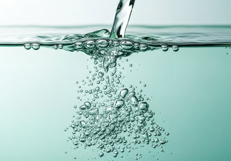 A refreshing stream of clear water is poured into a liquid, creating dynamic ripples on the surface and numerous effervescent bubbles beneath, symbolizing purity and hydration.の素材