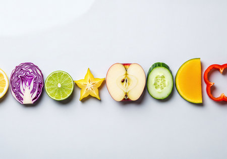 Colorful halved fruits and vegetables including lemon, red cabbage, lime, star fruit, apple, cucumber, mango, and bell pepper arranged in a line on a pristine white background, representing healthy eating and fresh produce.の素材