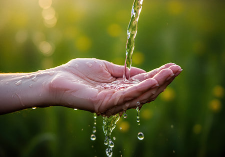 Clear water pouring into an outstretched hand, with drops splashing and dripping, against a soft, green natural background. Symbolizes purity, resource, and life.の素材