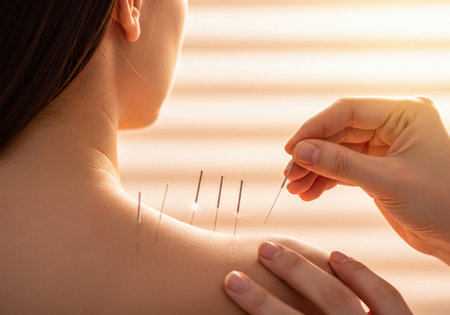 A close up shot of a woman receiving acupuncture needles on her shoulder and upper back from a therapist. this image depicts traditional chinese medicine for wellness and pain management.の素材