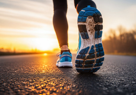 Athlete's legs and blue running shoes stepping on an asphalt road at dawn. Showcasing focus on motion, active lifestyle, and a vivid golden sunrise on the horizon.の素材