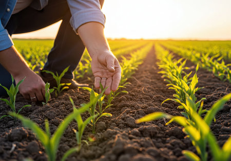 Man&#39;s hands inspecting young green corn plants in a fertile agricultural field at sunset, symbolizing care, growth, and sustainable farming practices.の素材