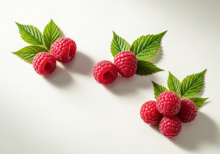 Vibrant red raspberries with fresh green leaves arranged artfully on a bright white surface. Juicy, sweet, and healthy berries, perfect for food, nutrition, and summer concepts.の素材