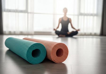 Two rolled colorful yoga mats, one teal and one coral, rest on a wooden floor in the foreground. In the blurred background, a woman sits in a tranquil lotus meditation pose near a bright window, promoting wellness and relaxation.の素材