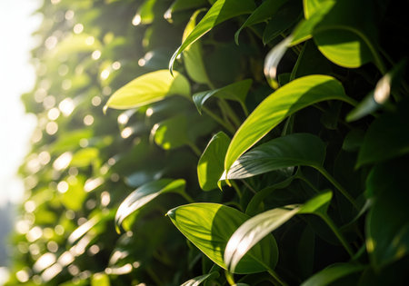 Close up view of vibrant green leaves subtly illuminated by golden sunlight, creating soft bokeh and warm highlights, perfect for natural and fresh backgrounds.の素材