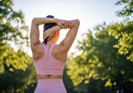 Healthy woman in pink sportswear, seen from behind, stretching her arms above her head in a bright outdoor park. Green trees in bokeh background, promoting fitness and wellness.の素材