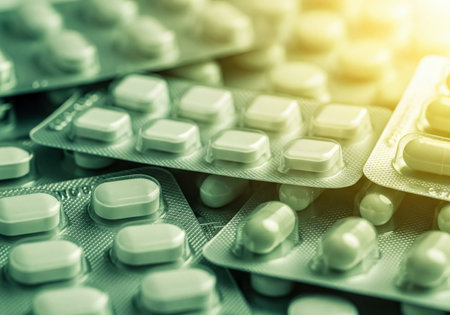 Multiple white pills and capsules in transparent plastic blister packs, stacked and ready for distribution in a pharmaceutical setting.の素材