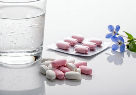 Colorful pharmaceutical pills in loose form and a blister pack, alongside a glass of fresh water and delicate blue flowers, representing health, medicine, and wellness concepts.の素材