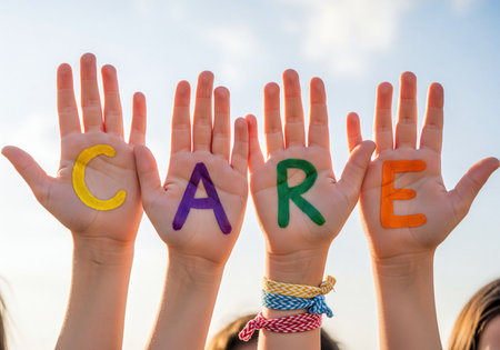 Four children&#39;s hands outstretched to the bright sky, palms adorned with colorful painted letters spelling the word CARE. Represents concepts of protection, support, community assistance, and social responsibility.の素材