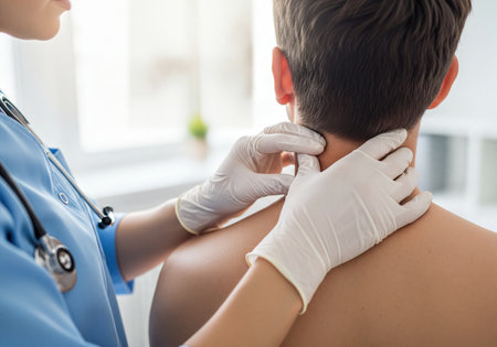 Doctor in blue scrubs and stethoscope, wearing medical gloves, carefully examines the back of a male patient's neck, palpating the cervical spine area during a medical consultation.の素材