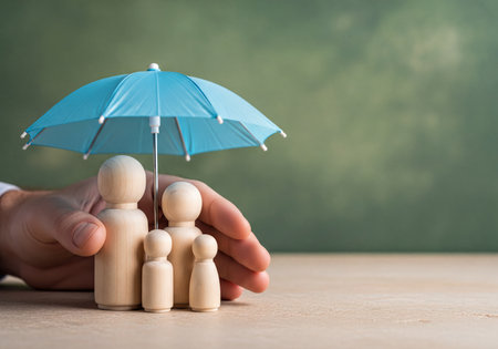 Close up of a man&#39;s hand shielding a family of wooden figures with a blue umbrella, symbolizing insurance, security, and protection for loved ones and future planning.の素材