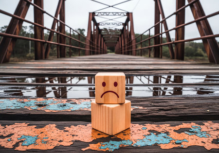 Wooden block with a sad face emoji on a distressed, weathered bridge with rusty rails and reflections, conveying feelings of sadness, depression, and poor mood.の素材