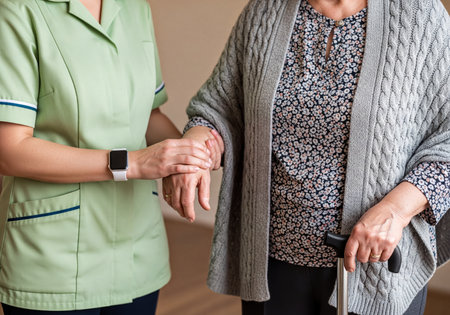 Caregiver&#39;s hands gently support an elderly woman holding a walking cane, symbolizing assistance, compassion, and home healthcare for seniors.の素材