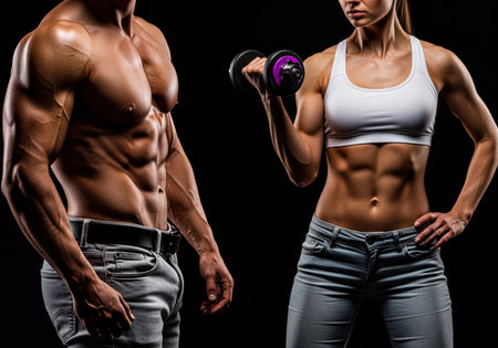 Muscular man and woman displaying toned abs, strong arms, and sculpted physiques. The woman engages in a dumbbell workout, symbolizing physical strength, fitness, and body goals.の素材