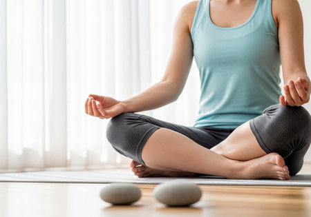 Woman in a peaceful meditative yoga pose, sitting cross-legged on a mat indoors. Hands rest gently in mudra, cultivating mindfulness, relaxation, and inner calm for overall wellness.の素材