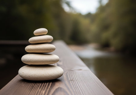 Smooth natural stones carefully stacked in a cairn, symbolizing balance, harmony, and meditation. Positioned on a rustic wooden railing with a tranquil blurred forest and river in the background, creating a peaceful outdoor scene.の素材