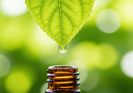 Vibrant green leaf with a clear water droplet dripping into an open amber bottle, set against a soft natural bokeh background. Symbolizes natural essence, organic products, pure extracts, aromatherapy, and wellness.の素材