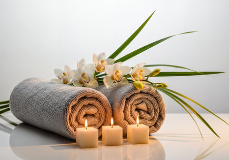 Rolled grey towels, delicate white orchids with green leaves, and three square lit candles arranged on a reflective white surface, creating a serene and tranquil spa atmosphere.の素材