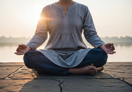 Woman in lotus position meditating by a calm lake at sunrise, hands in Mudra. Promotes peace, tranquility, mindfulness, and spiritual wellness in natural setting.の素材