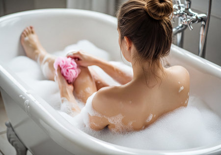 Woman from behind relaxing in a white bathtub filled with foam, gently scrubbing her leg with a pink bath sponge. Focus on personal hygiene, relaxation, and self-care routine in a clean, modern bathroom.の素材