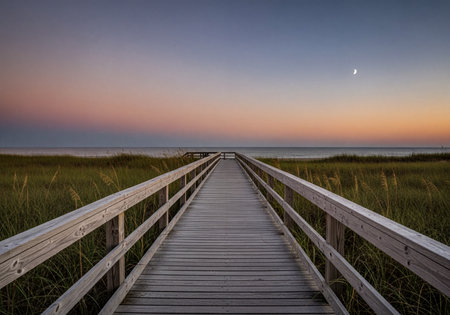 Long wooden boardwalk stretching over lush coastal dunes filled with sea oats, leading directly to the calm ocean waters under a beautiful gradient sunset sky with a crescent moon overhead.の素材