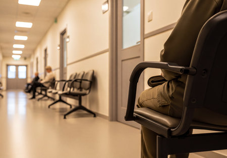 Patients and visitors patiently wait in a long, brightly lit hallway of a modern hospital or clinic, seated on chairs, suggesting anticipation or a routine medical appointment.の素材
