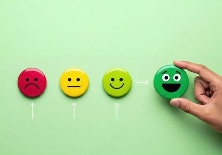 Hand selecting a very happy green emoji from a range of facial expressions symbolizing satisfaction, feedback, and customer experience rating scale on a plain green background.の素材