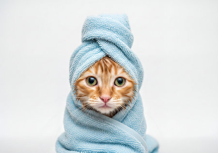 Ginger tabby kitten with expressive green eyes wrapped snugly in a light blue fluffy towel after a bath. Close up portrait showcasing pet care and hygiene.の素材