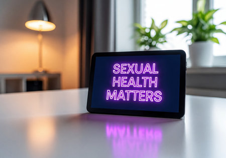 Digital tablet screen displays a glowing neon purple text message saying &quot;SEXUAL HEALTH MATTERS&quot; in a modern office or home environment on a white table. The screen reflects on the surface.の素材