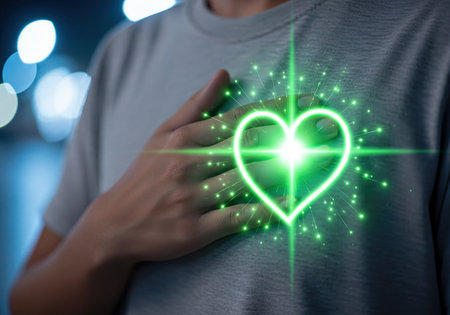 Woman&#39;s hand placed on the chest, a radiant green heart symbol illuminated by digital particles emanates, representing concepts of wellness, love, health, spirituality, empathy, and emotional connection.の素材