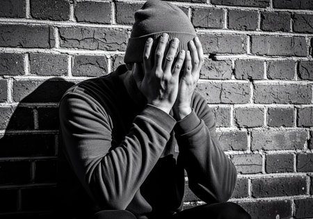 Man in a beanie covering his face with hands, leaning against a textured brick wall in a somber black and white photograph, showing despair, stress, or sadness.の素材