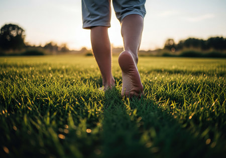 Barefoot human feet walking on fresh green grass in a field during golden hour sunset light. Focus on natural connection, freedom, wellness, and a tranquil outdoor experience.の素材
