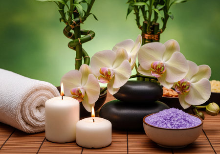 Arrangement of white orchids, lit candles, green bamboo, and black spa stones with purple bath salts and a white towel on a bamboo mat, against a blurred green background. Focuses on serenity and self-care.の素材