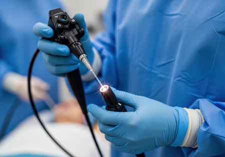 Medical professional in blue scrubs and gloves meticulously handles an endoscope with a glowing tip, preparing for a diagnostic procedure in a sterile hospital environment.の素材