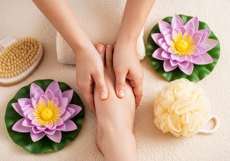 Hands gently massaging a woman's foot during a spa session, surrounded by decorative lotus flowers, a bath brush, and a sponge, on a soft cream towel fostering relaxation and well-being.の素材