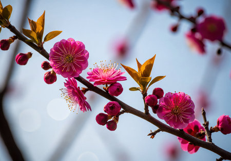 Close up of vibrant pink plum blossoms and buds with fresh yellow-green leaves on a branch. Soft focused blue background highlights delicate spring flowers during blooming season.の素材