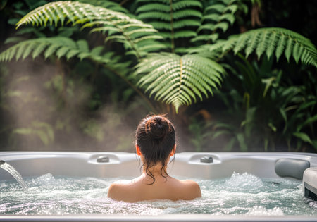 Woman from behind, relaxing in an outdoor hot tub with steam rising. Surrounded by large green fern leaves in a natural, peaceful setting, evoking wellness and escape.の素材
