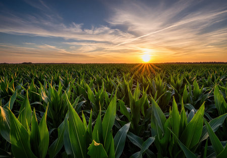 Lush green corn plants stretch across a vast agricultural field under a vibrant sunset sky, with bright sun rays illuminating the scene.の素材