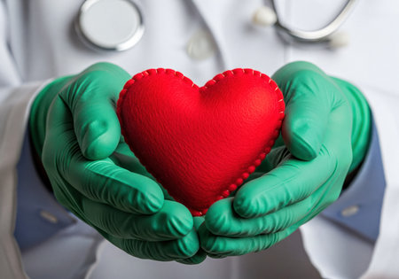Medical professional in white coat with green gloves holding a red heart in their cupped hands, symbolizing health, care, and cardiology.の素材
