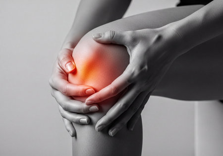 Close up of a woman's hands grasping her knee with a bright red aura, indicating intense pain, injury, or inflammation. The image uses selective color to highlight the area of discomfort.の素材