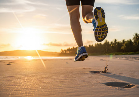 Athlete's powerful legs and feet in running shoes actively sprinting on a sandy beach during a beautiful golden sunset with footprints. Focus on movement and determination.の素材