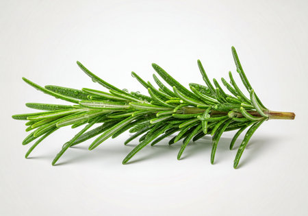 Vibrant green rosemary sprig adorned with fresh water drops, showcasing its aromatic leaves and natural texture. A versatile herb used in cooking, aromatherapy, and traditional medicine, presented on a minimalist white backdrop.の素材